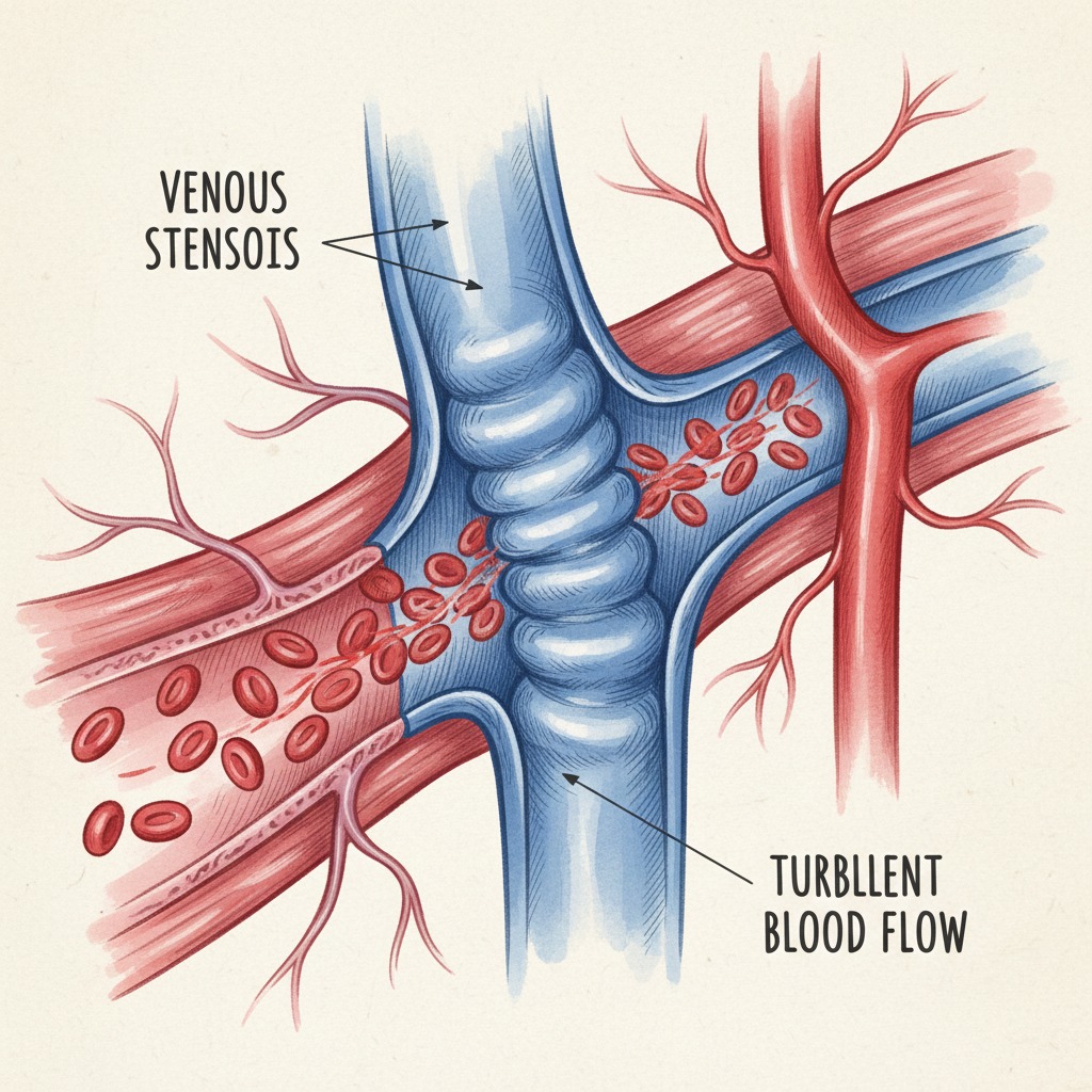 Ilustración médica que muestra una estenosis venosa y el flujo sanguíneo turbulento resultante en un vaso sanguíneo.